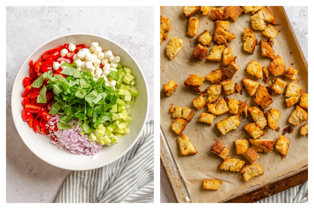 Ingredients for panzanella in a bowl next to dried bread on a sheet pan.