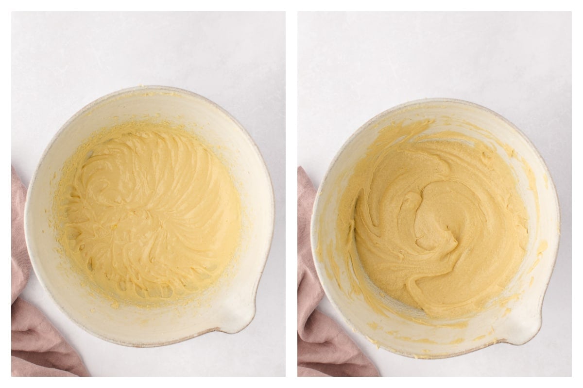 Milk and flour mixture mixed into creamed butter mixture. 