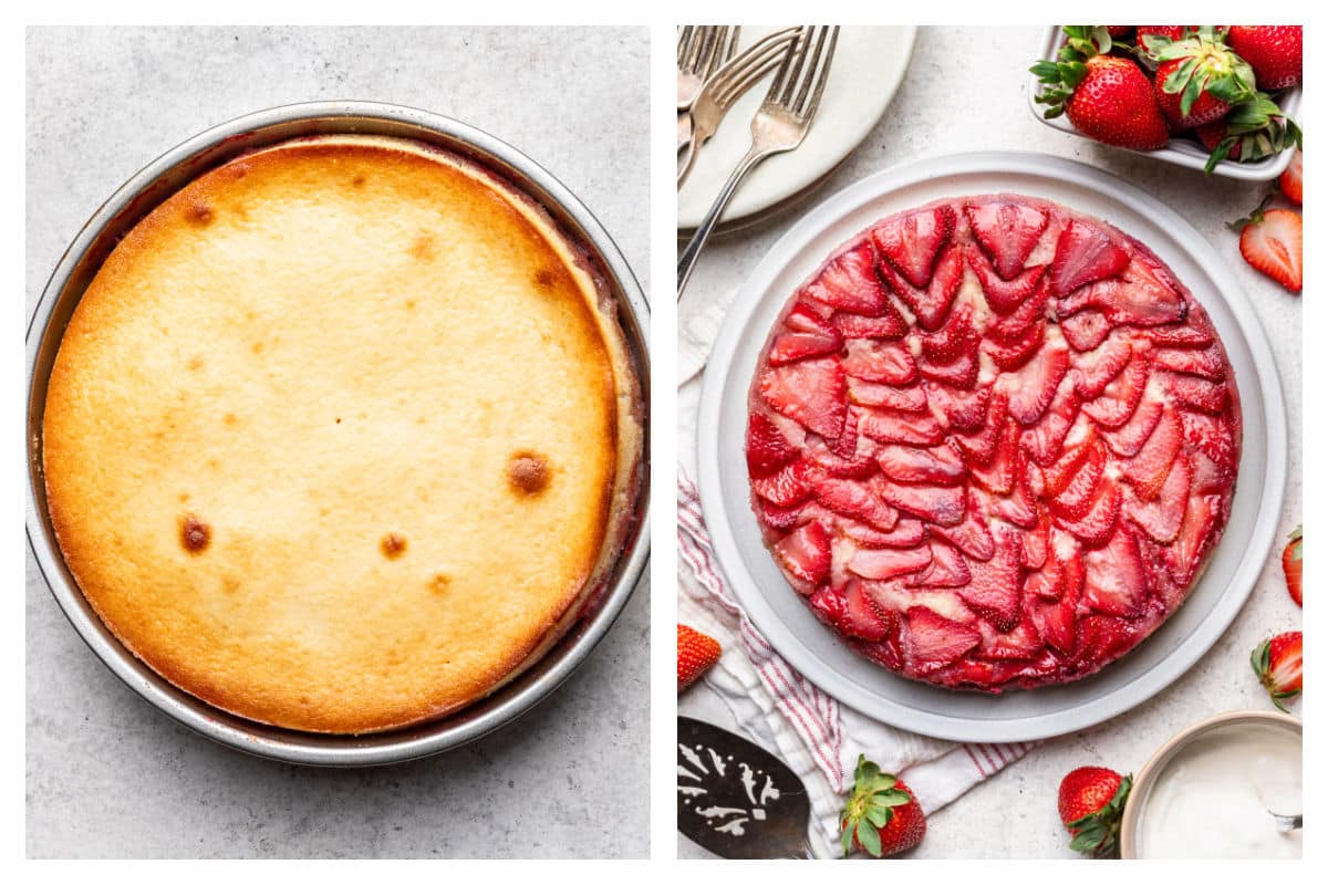 Baked cake in a pan next to the inverted cake on a platter. 