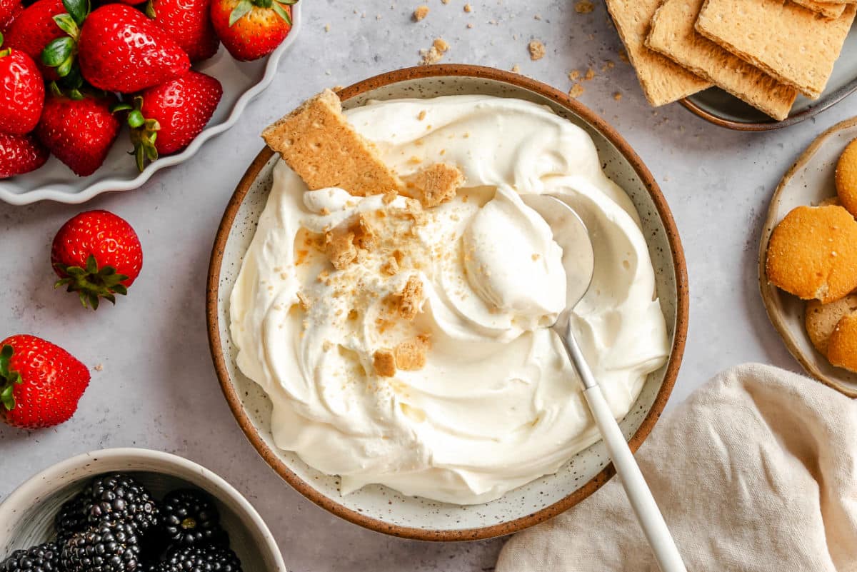 A dish of no bake cheesecake dip topped with graham cracker crumbs.