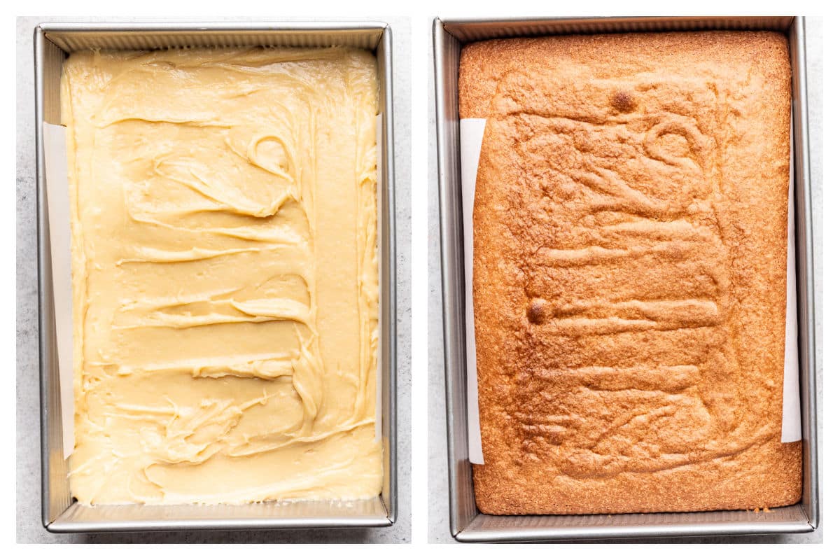 White Texas sheet cake batter in a pan next to the baked cake in a pan. 