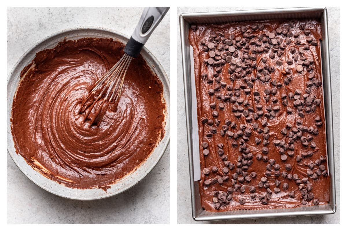 Brownie batter in a bowl next to brownie batter in a pan topped with chocolate chips. 