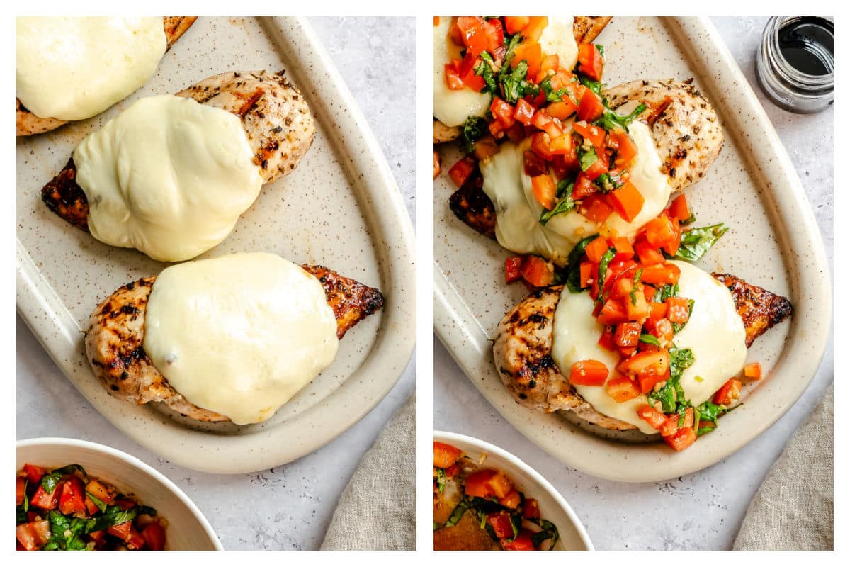Mozzarella chicken on a serving platter next to the chicken topped with bruschetta topping. 
