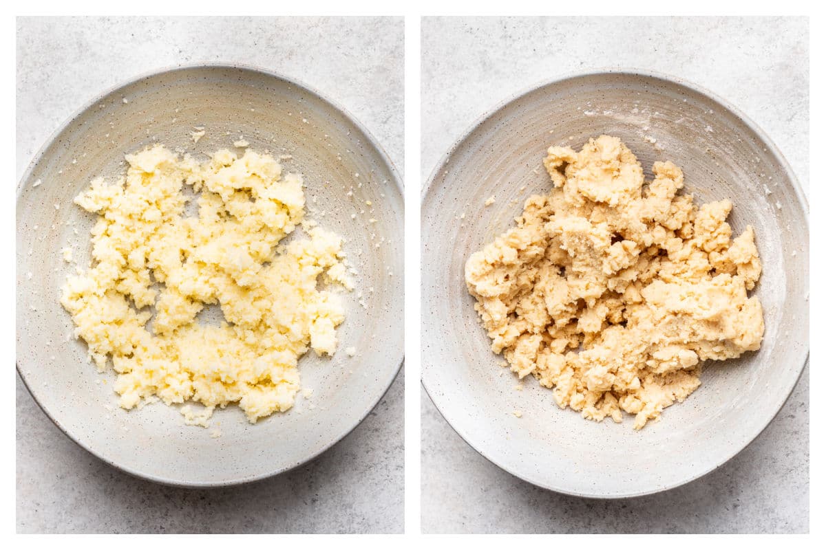 Butter and sugar in a bowl next to dry ingredients mixed in.