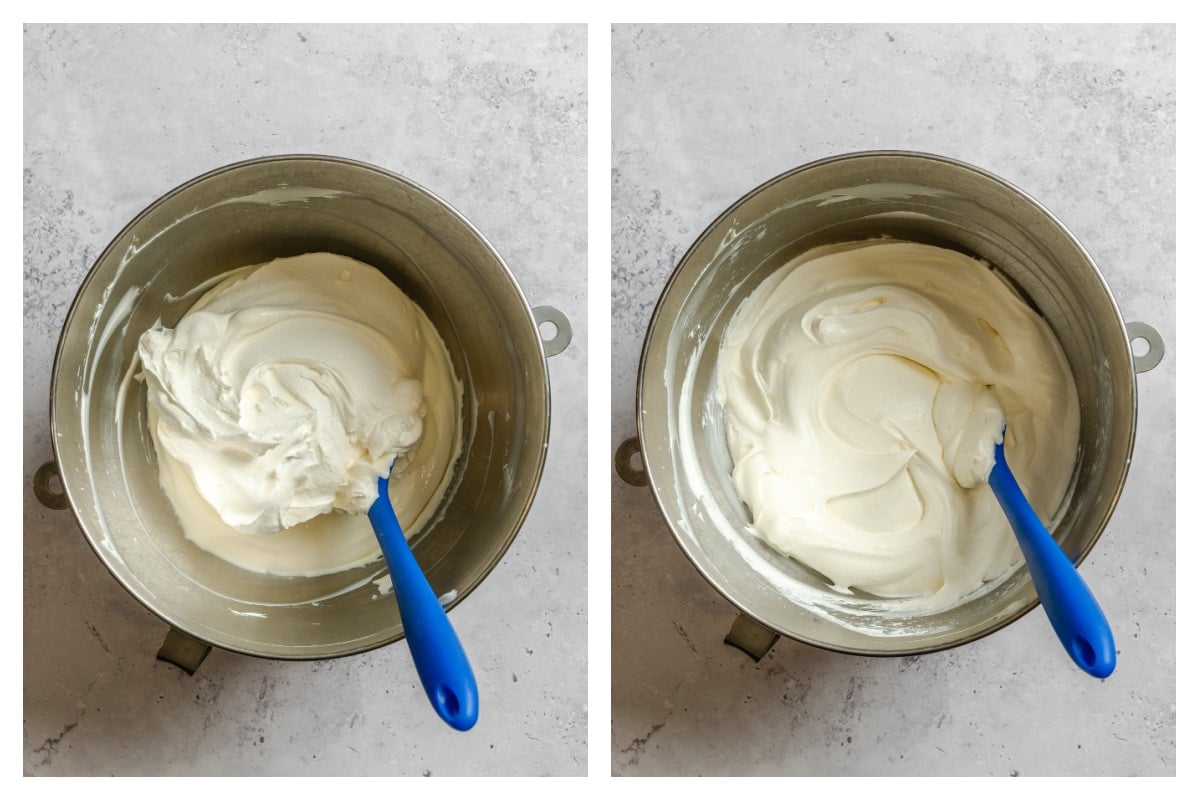 Whipped topping on cream cheese mixture next to whipped topping folded in.