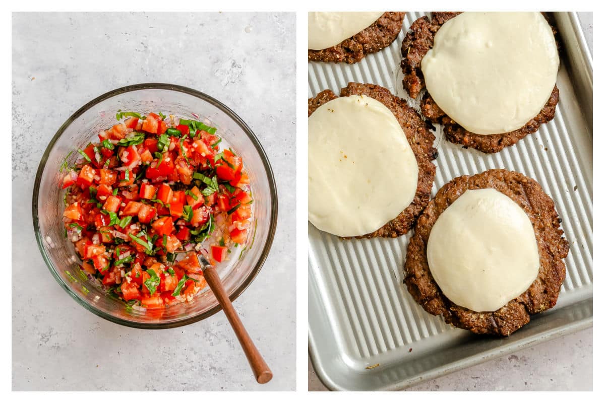 Mixed bruschetta topping in a bowl next to melted mozzarella on burgers.