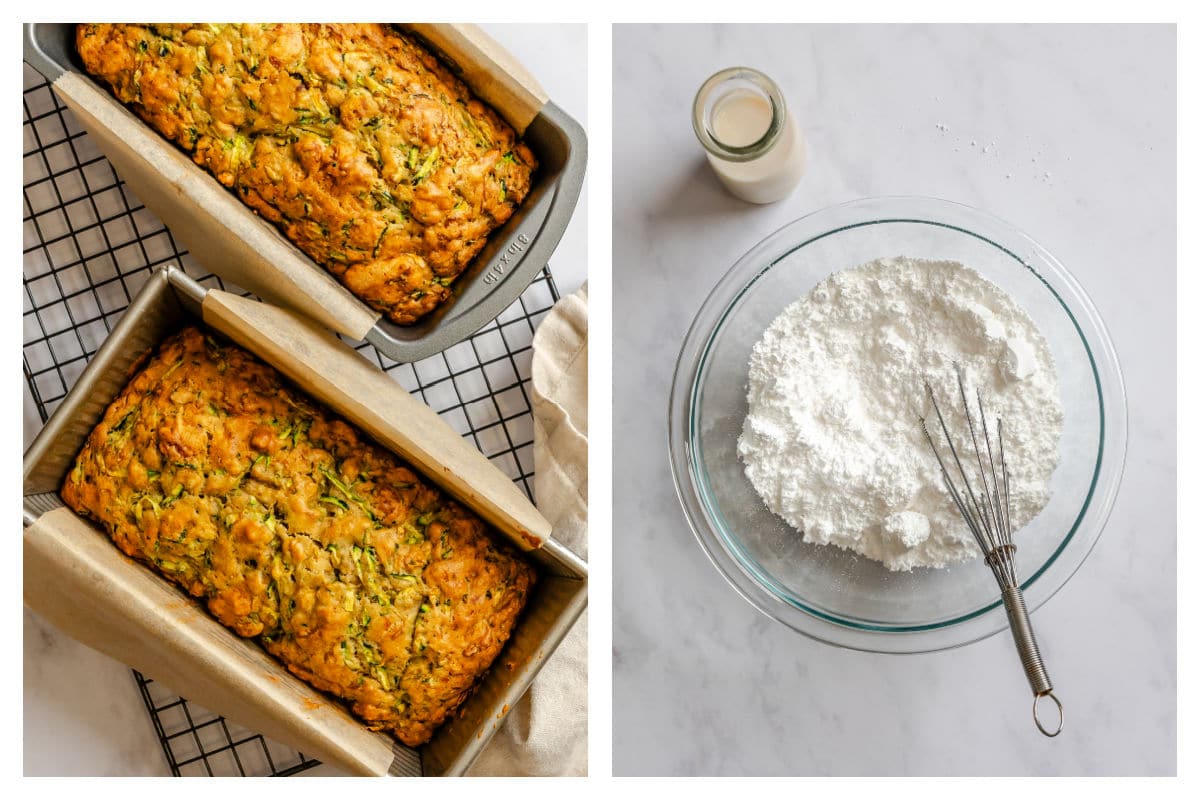 Baked loaves of lemon zucchini bread in pans.