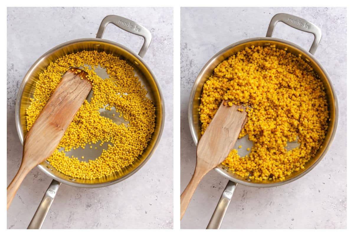 Pearl couscous cooking in a skillet. 