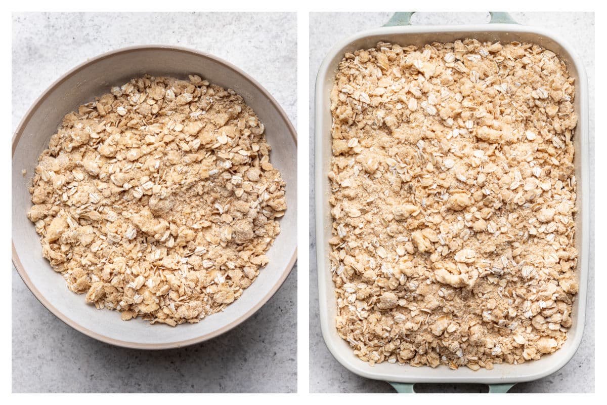 Crisp topping in a bowl next to the topping on blueberries in a baking dish.