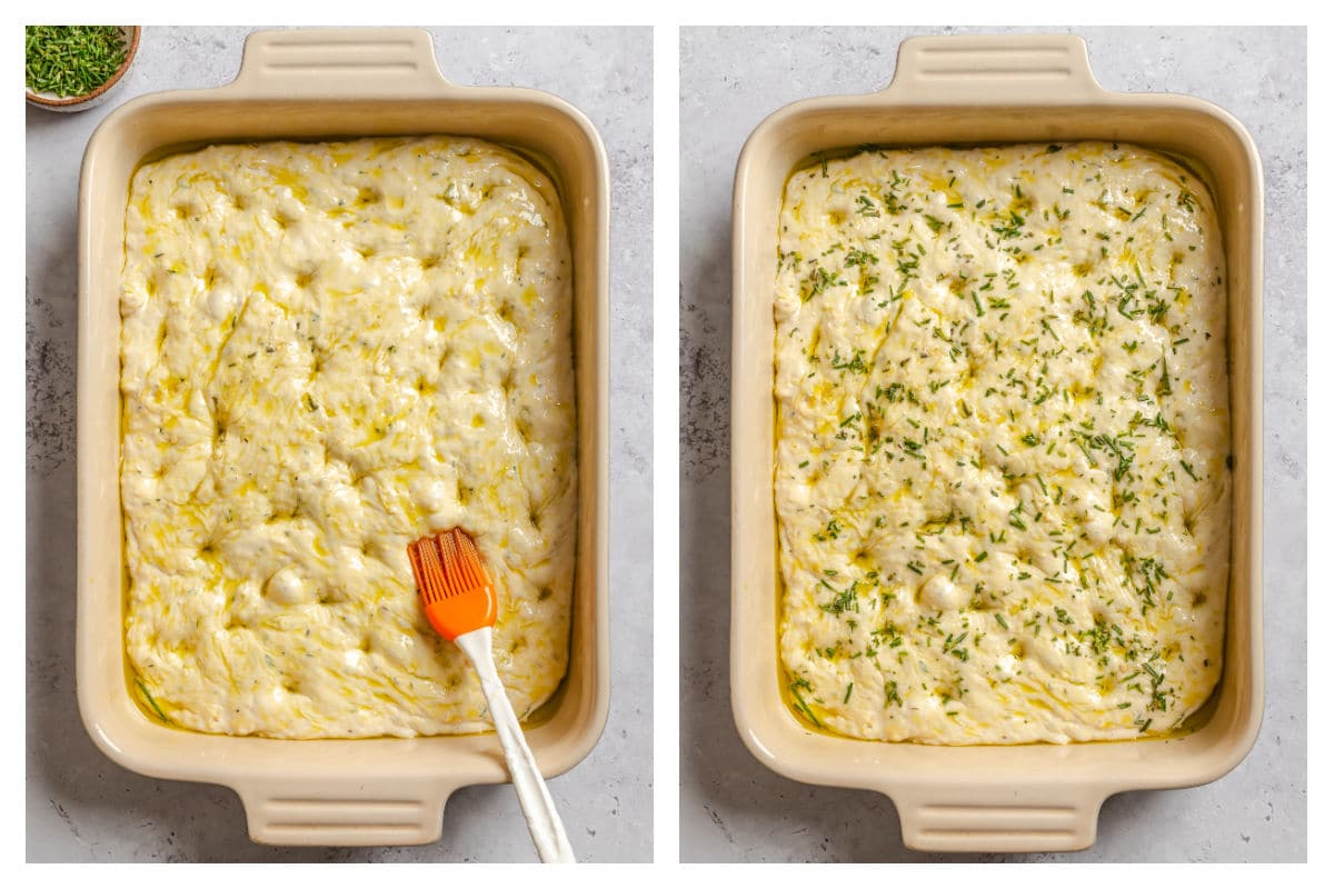 A basting brush brushing olive oil onto focaccia dough next to rosemary sprinkled on top. 