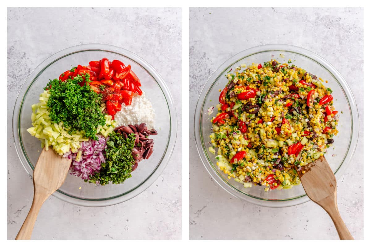 Veggies in a bowl for pearl couscous salad next to pearl couscous stirred in.