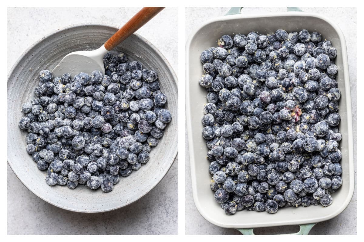 Blueberries tossed in flour and sugar in a bowl next to the blueberry mixture in a baking dish.