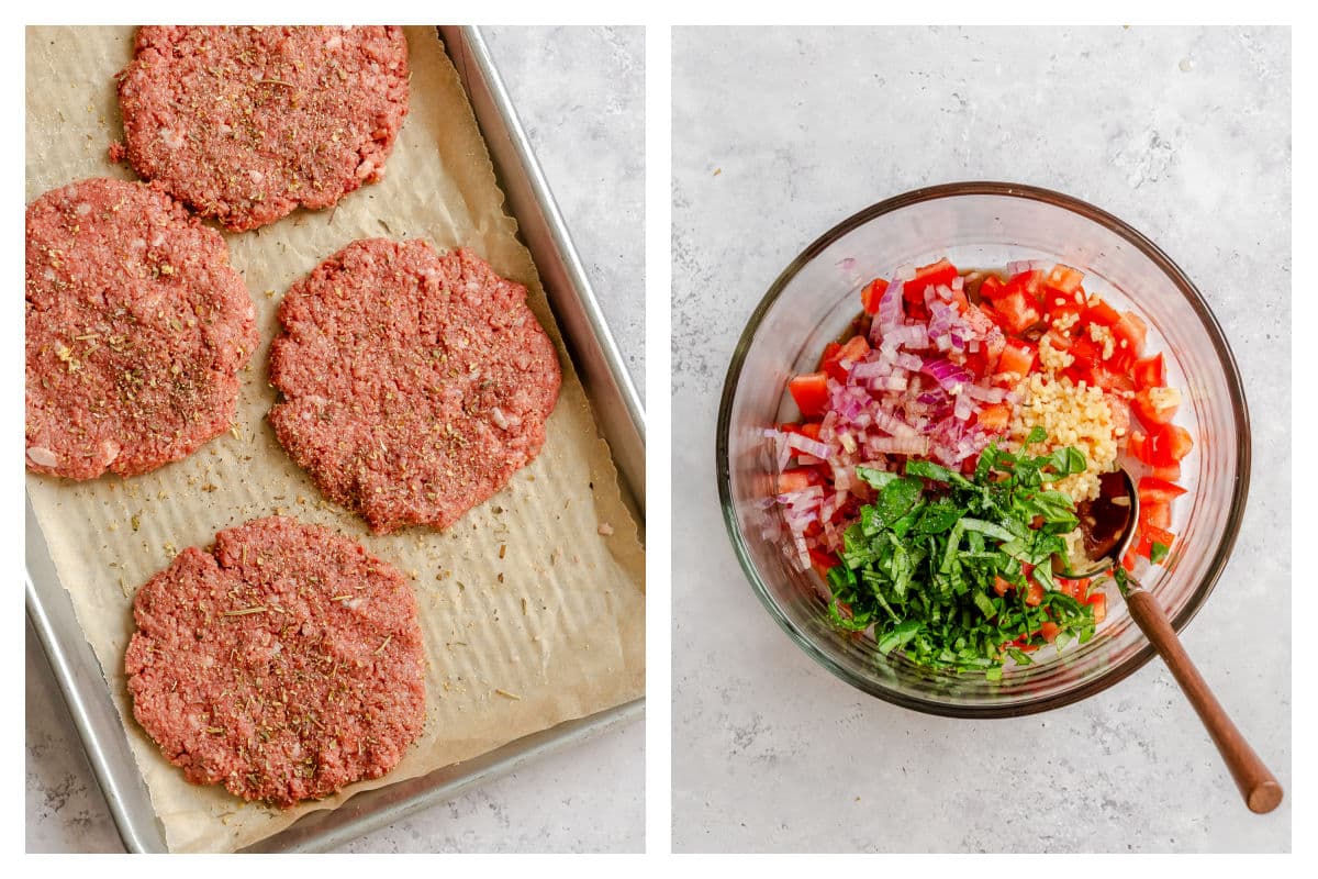 Seasoned burger patties next to ingredients for bruschetta topping in a bowl.