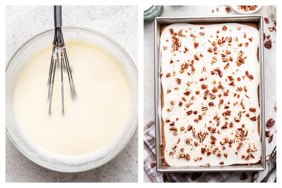 White Texas sheet cake frosting in a bowl next to the iced cake topped with nuts. 