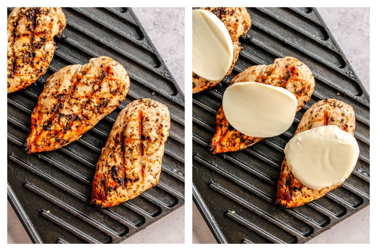 Chicken grilling on a grill pan next to mozzarella on the chicken.