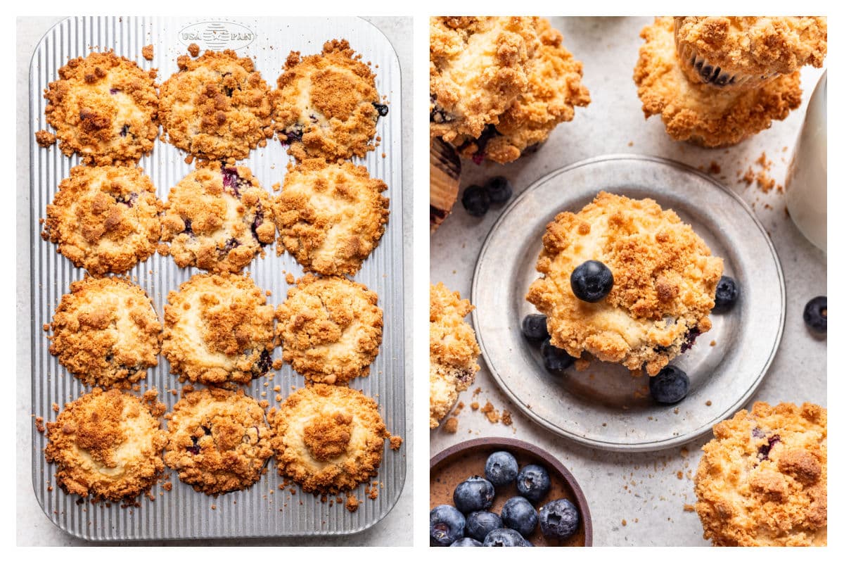 Baked blueberry streusel muffins in a pan next to a muffin on a plate surrounded by more blueberry muffins.