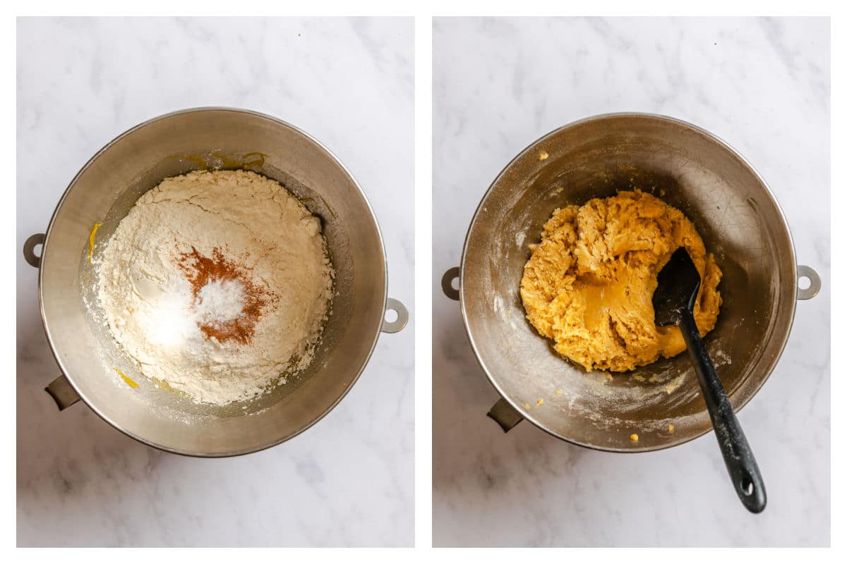 Dry ingredients on wet ingredients next to batter mixed up.