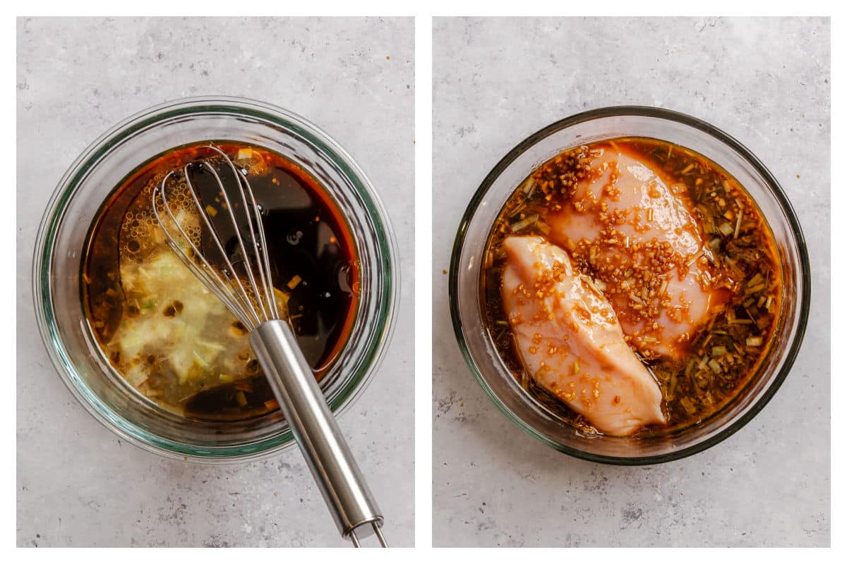 Ingredients for lemongrass chicken marinade in a bowl next to chicken in the marinade. 