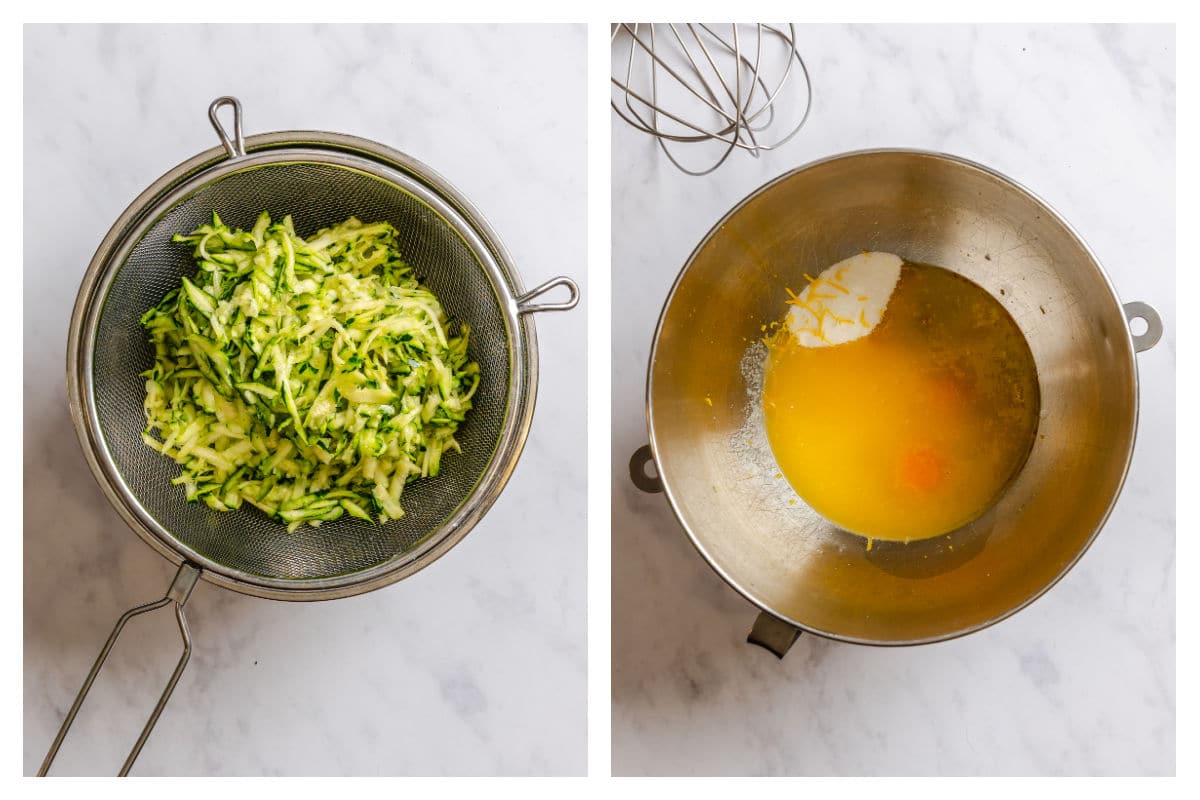 Zucchini in a colander next to wet ingredients in a mixing bowl. 