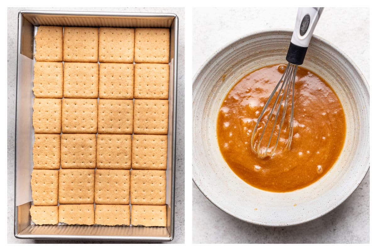 Graham crackers in the bottom of a pan next to butter and sugar mixed in a bowl. 