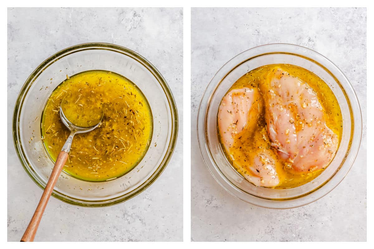 Marinade ingredients in a glass mixing bowl next to chicken in the marinade. 