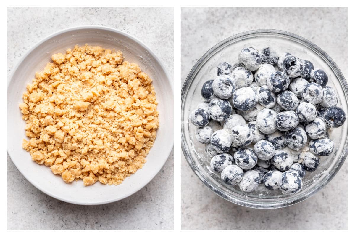 Streusel topping in a bowl next to blueberries tossed in flour.