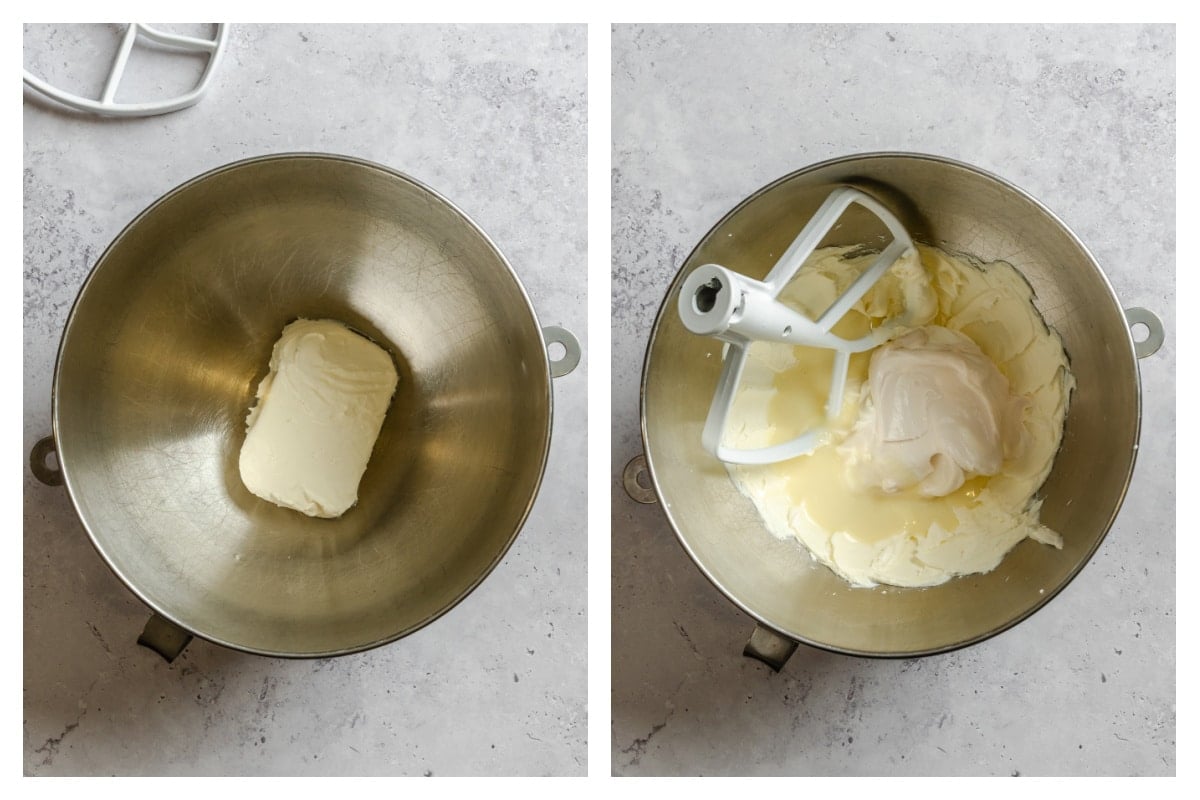 Cream cheese in a mixing bowl next to beaten cream cheese in a mixing bowl.