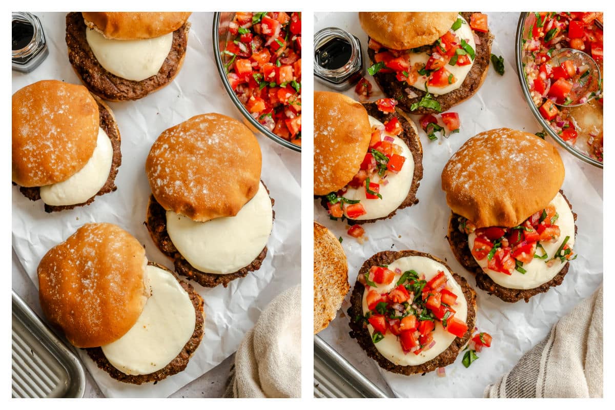 Assembled bruschetta burgers on a tray.