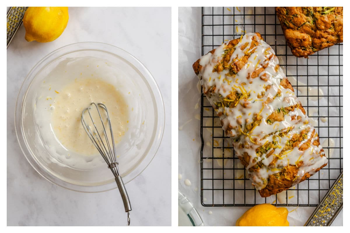 Lemon glaze next to iced lemon zucchini bread on a cooling rack.