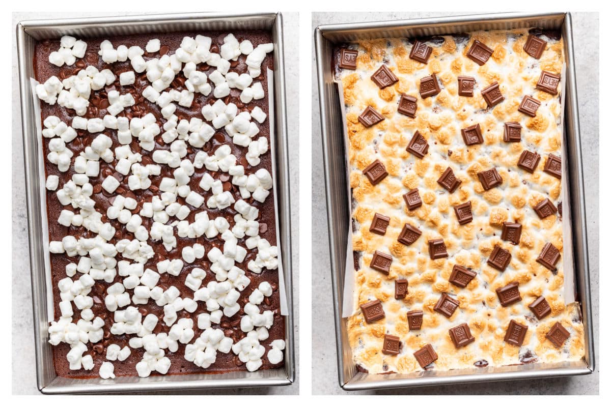 Marshmallows over partially baked brownies next to toasted marshmallows and pieces chocolate on brownies. 