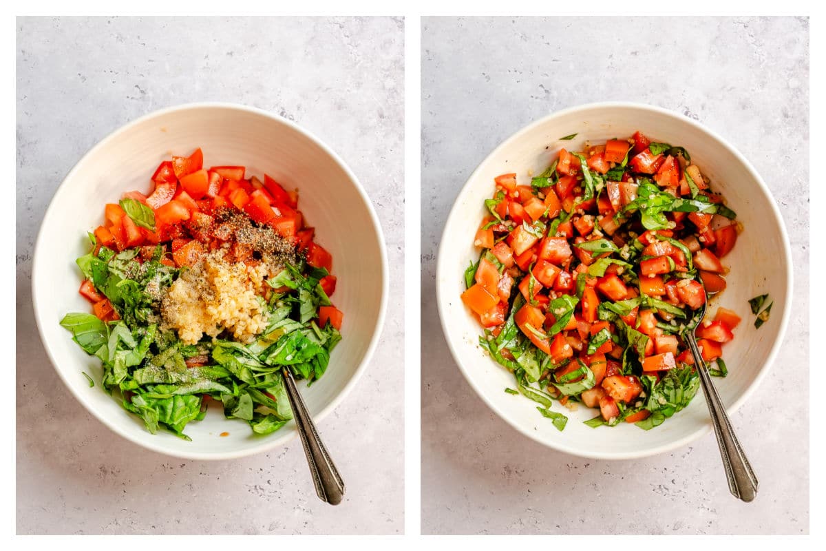 Bruschetta topping ingredients in a mixing bowl. 