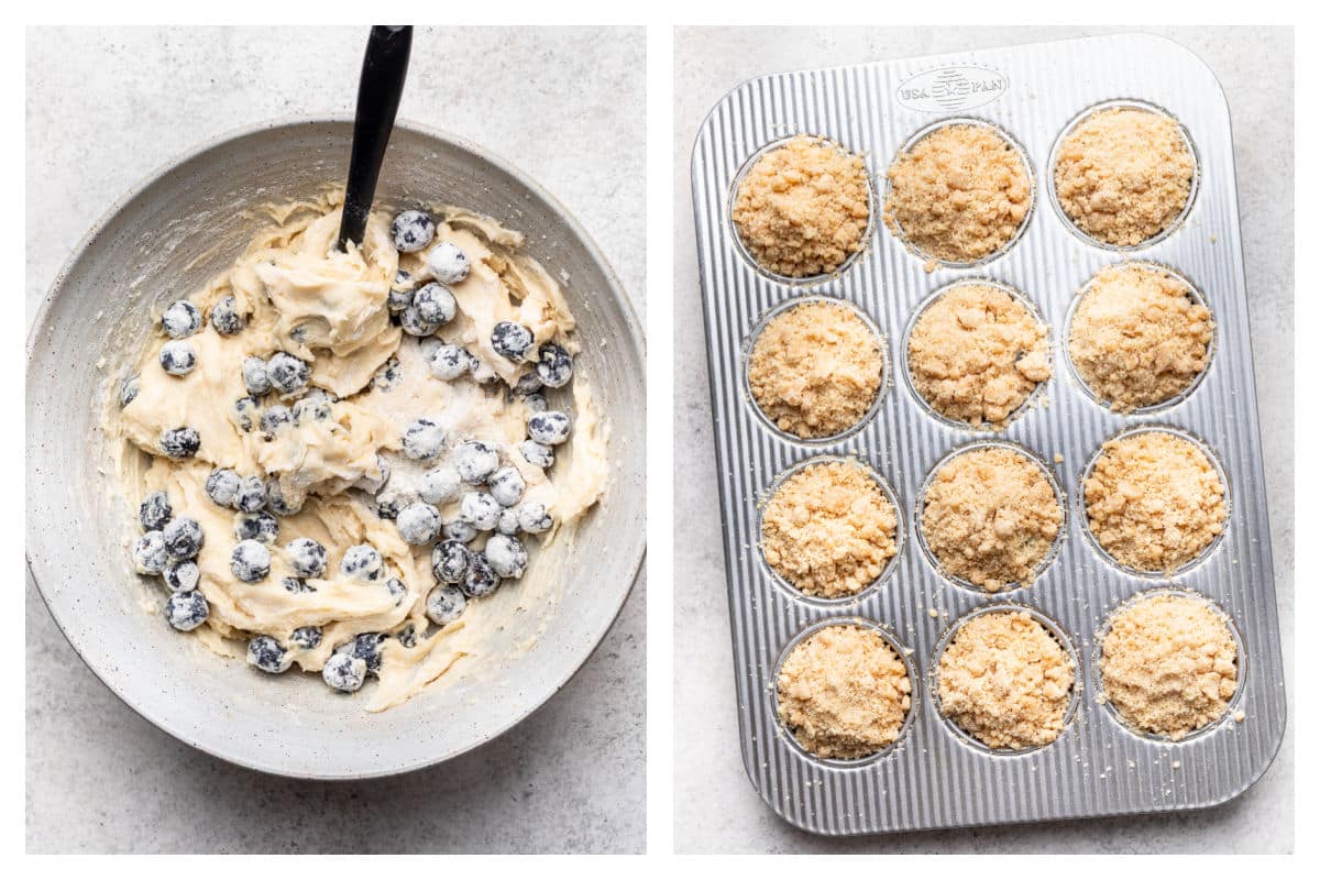 Buttermilk and blueberries stirred into batter next to muffin batter in a muffin tin topped with streusel.