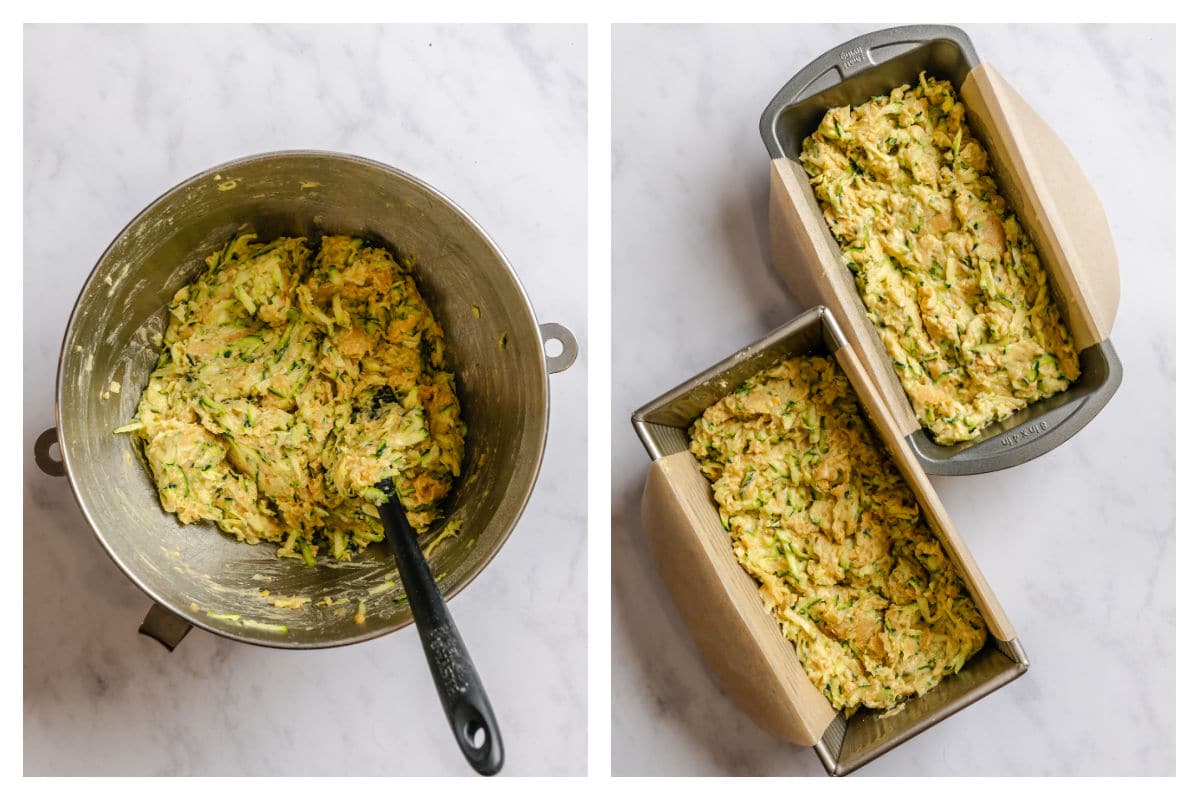 Zucchini stirred into batter next to zucchini bread batter in loaf pans.