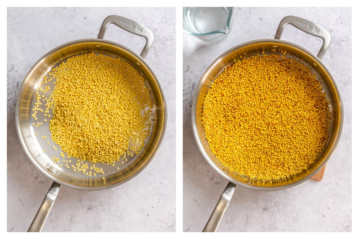 Pearl couscous toasting in a pan.