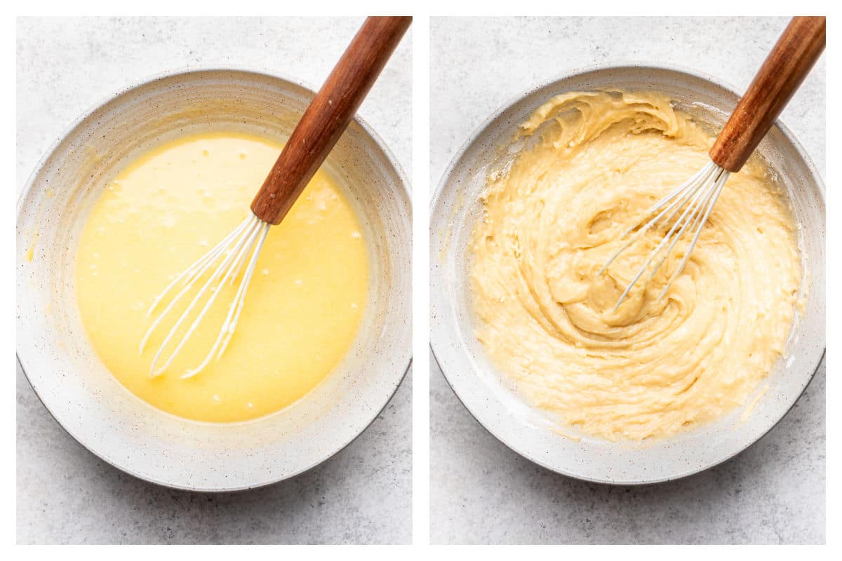 Wet ingredients stirred together next dry ingredients mixed in for white Texas sheet cake. 