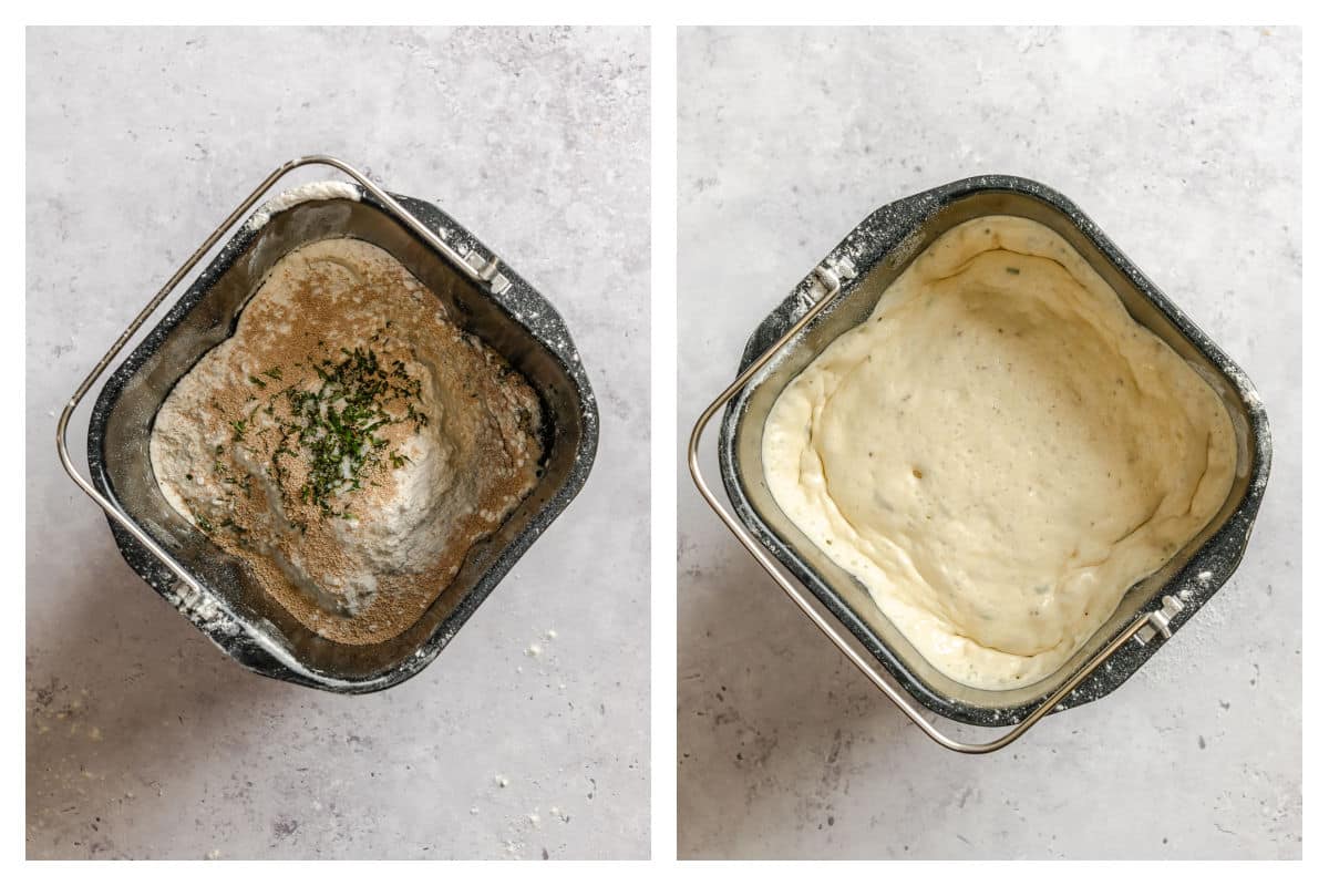 Ingredients for bread machine focaccia in a bread machine insert next to dough in the insert. 