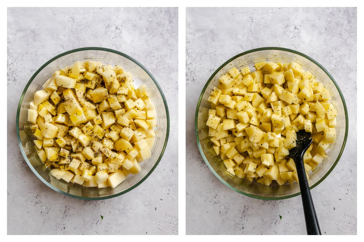 Potato cubes in a bowl next to the cubes tossed with seasonings.