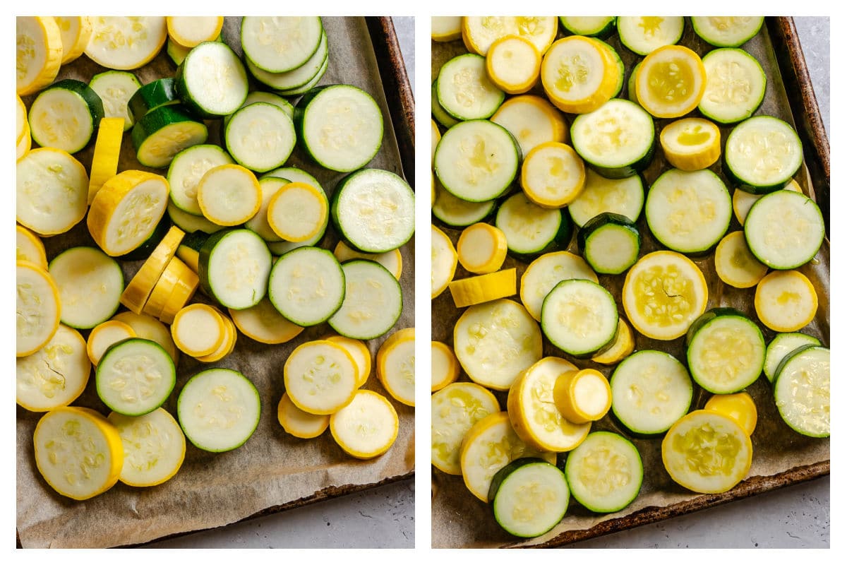 Sliced squash and zucchini on a sheet pan next to the veggies tossed in olive oil.