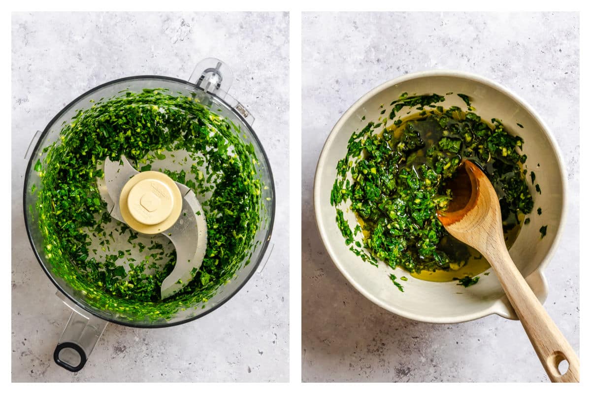 Chimichurri in a food processor next to the chimichurri in a bowl.