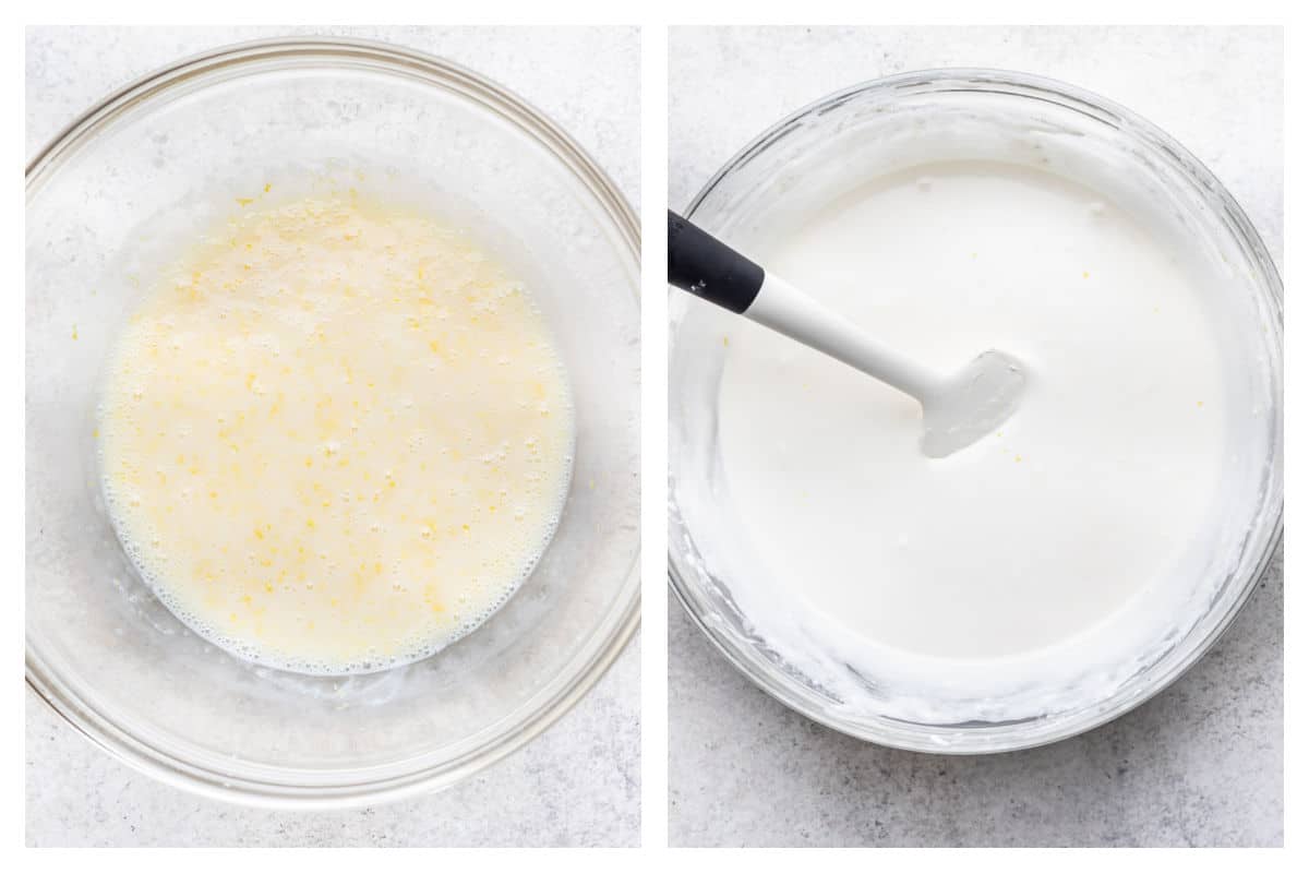 Beaten milk and lemonade mixture in a bowl next to whipped topping folded in.