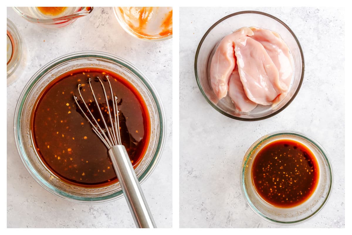 Huli huli marinade in a bowl next to the chicken in a bowl and marinade in a bowl.