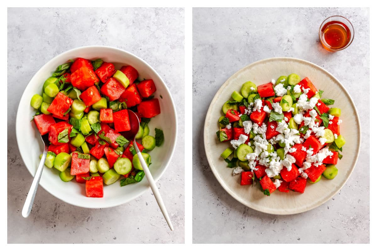 Watermelon tossed in with cucumber and honey and lemon juice next to the salad topped with feta. 