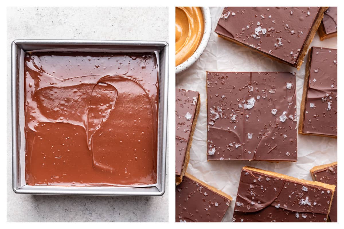 Chocolate peanut butter mixture spread over the peanut butter mixture next to cut peanut butter bars.
