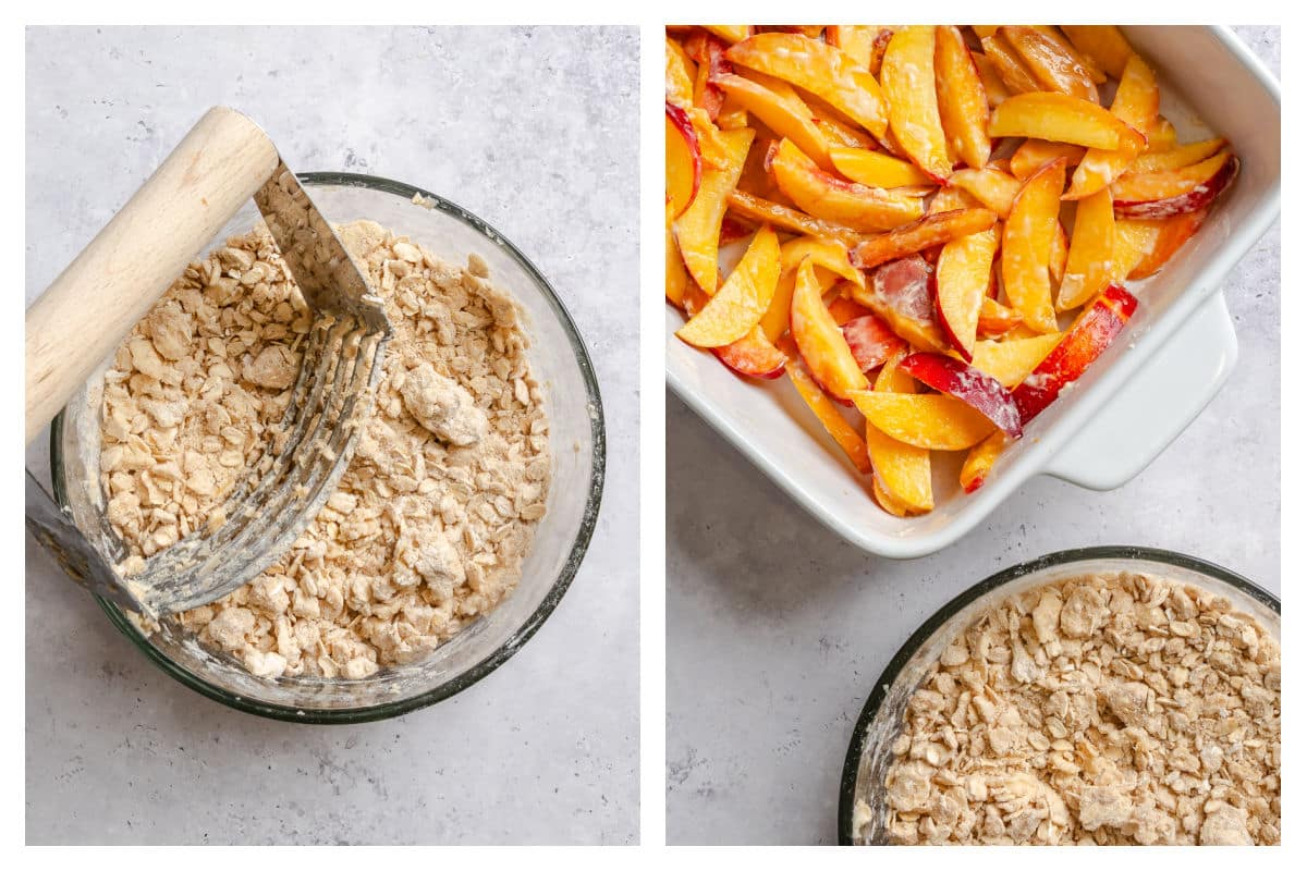 crisp topping in a bowl next to the bowl next to the pan of peaches.