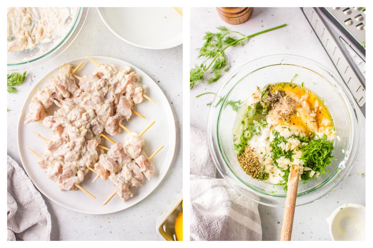 Chicken pieces on skewers next to tzatziki ingredients in a bowl. 