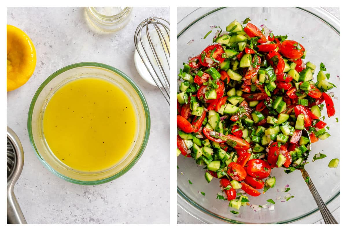 Shirazi salad dressing in a bowl next to the dressing tossed with veggies for the salad.