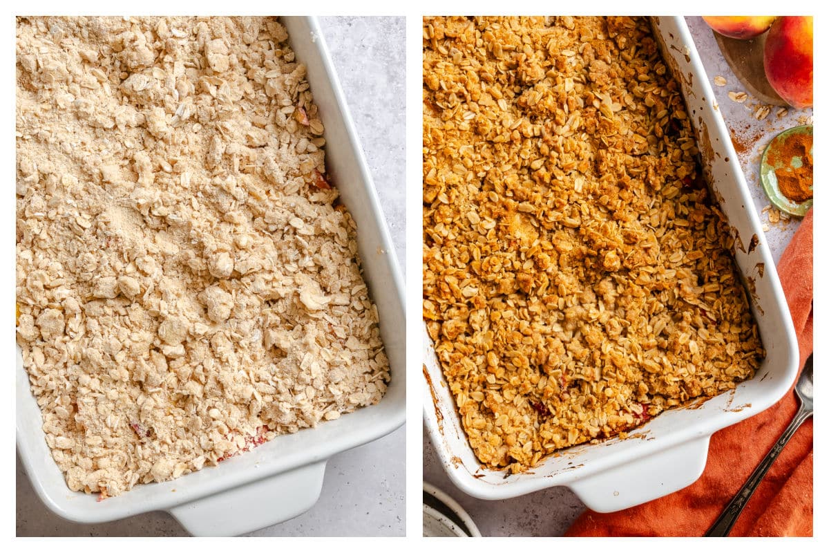 A pan of unbaked peach crisp next to a pan of baked peach crisp.