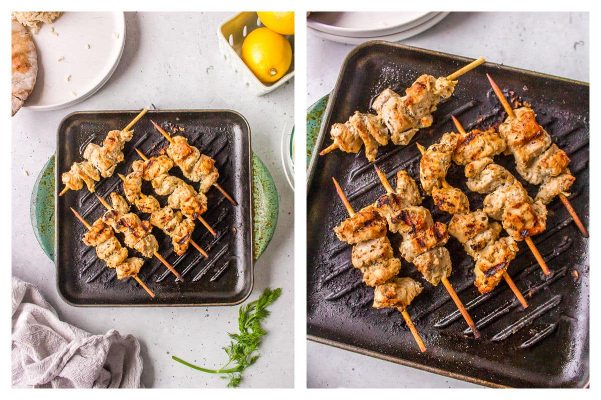 Chicken skewers cooking on a grill pan. 
