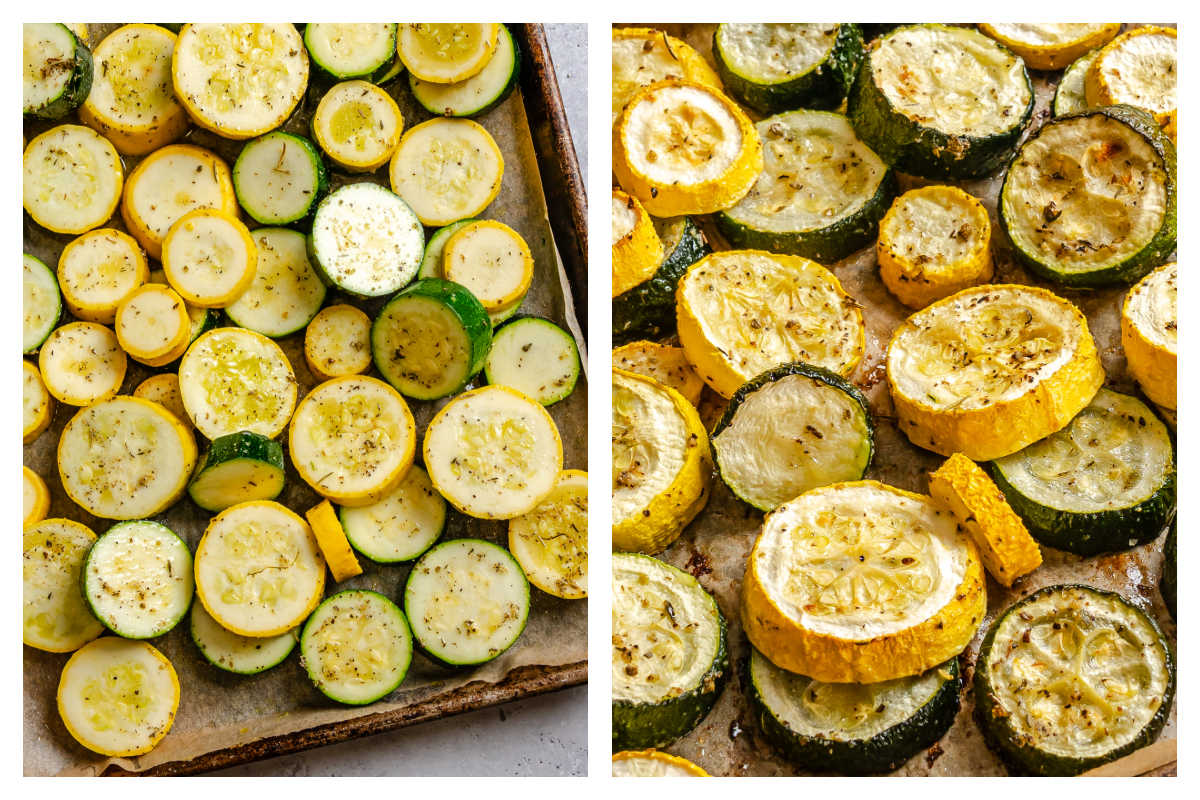 Squash and zucchini slices tossed with seasonings next to roast on a pan.