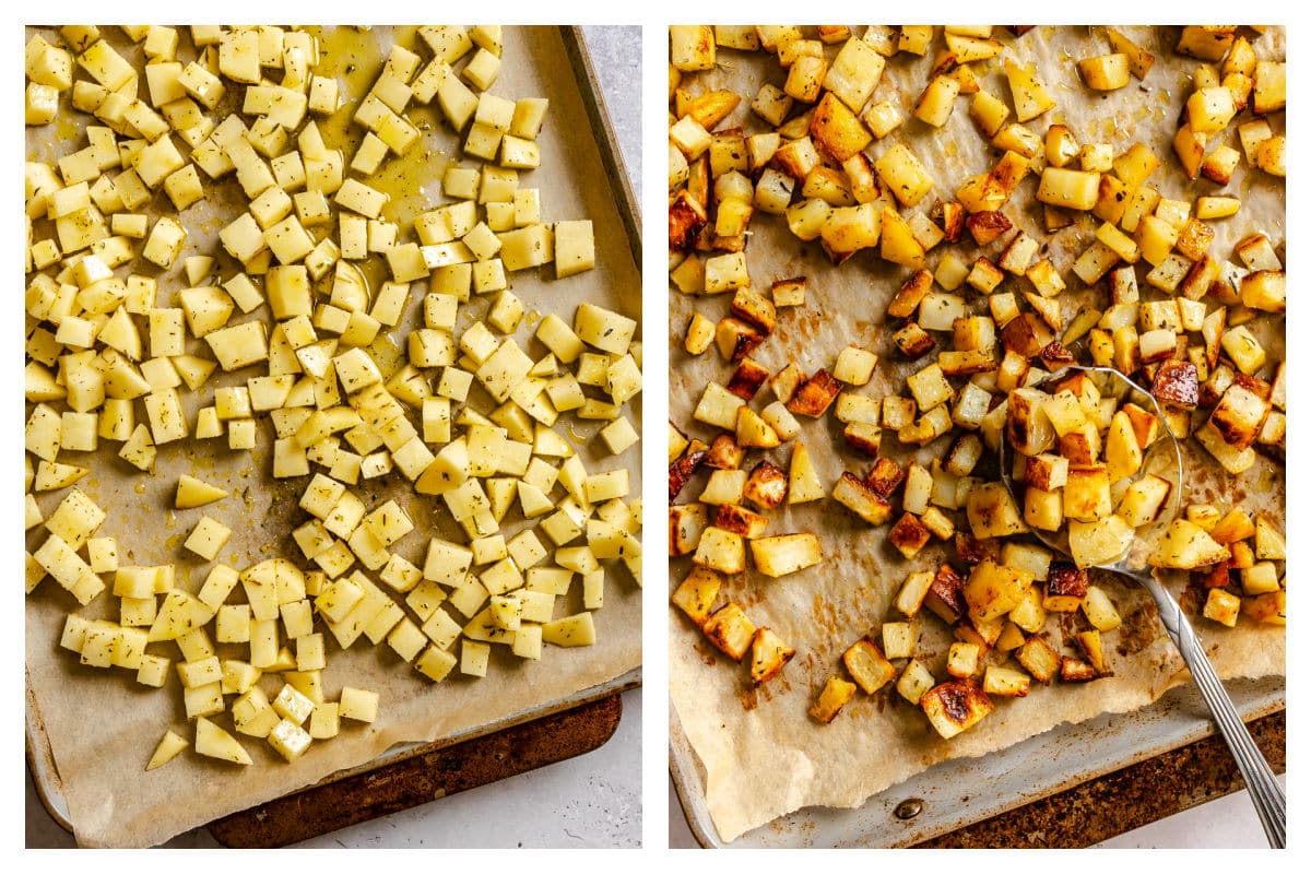 Potato cubes on a baking sheet next to the roast potato cubes on a baking sheet.